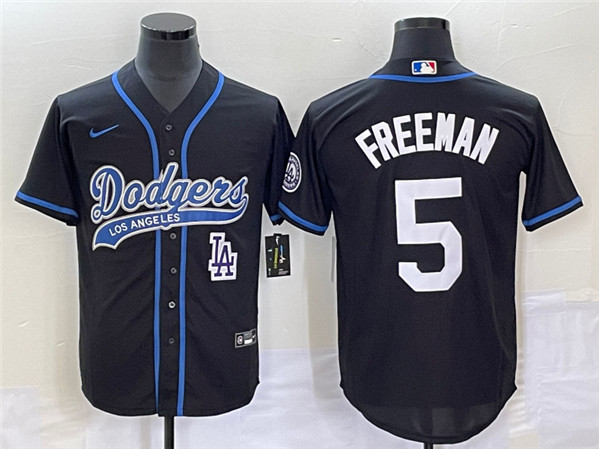 Men's Los Angeles Dodgers #5 Freddie Freeman Black Cool Base With Patch Stitched Baseball Jersey - Click Image to Close